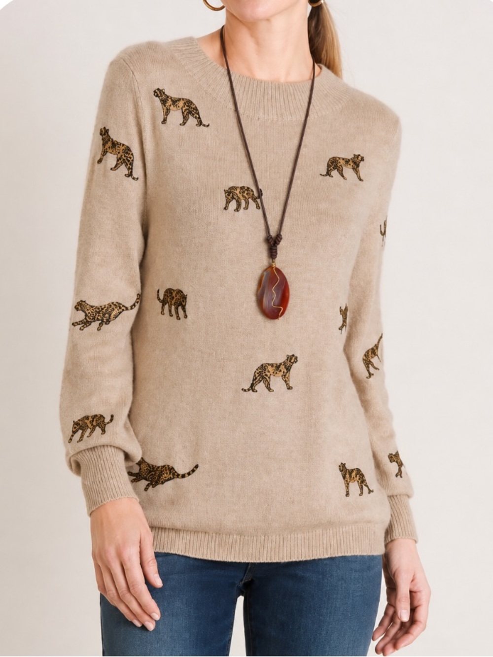 NWT Embroidered Cheetah Chico’s Soft Cashmere /Wool Blend Knit Pullover Sweater